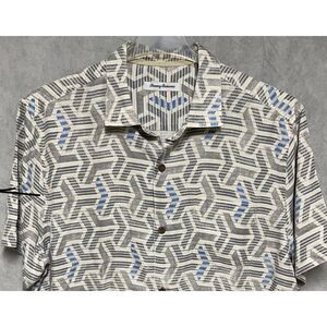 Tommy‎ Bahama Shirt Men L Gray Aztec Geometric Hawaiian Button Up Island Zone